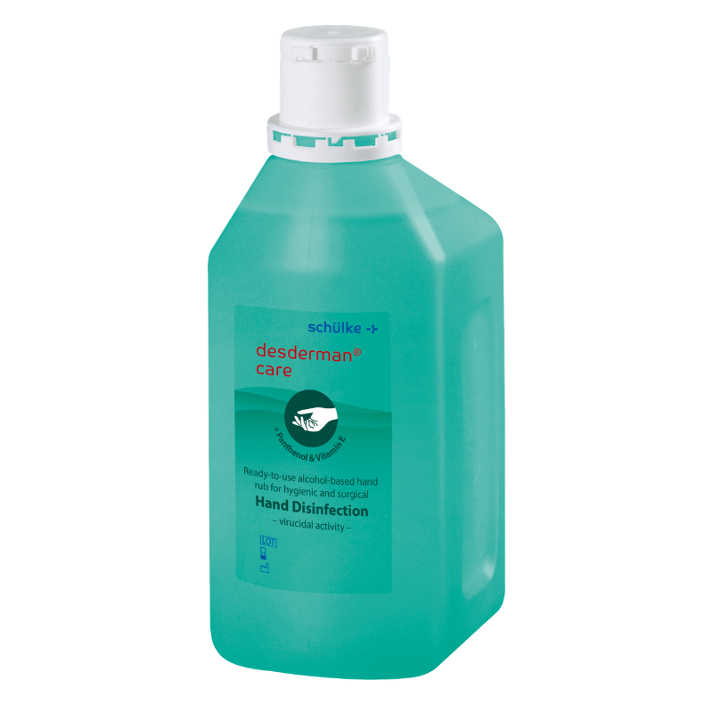 Eine 1000ml Flasche Händedesinfektion mit weißem Deckel und grüner Flasche, der Firma Schülke & Mayr GmbH.