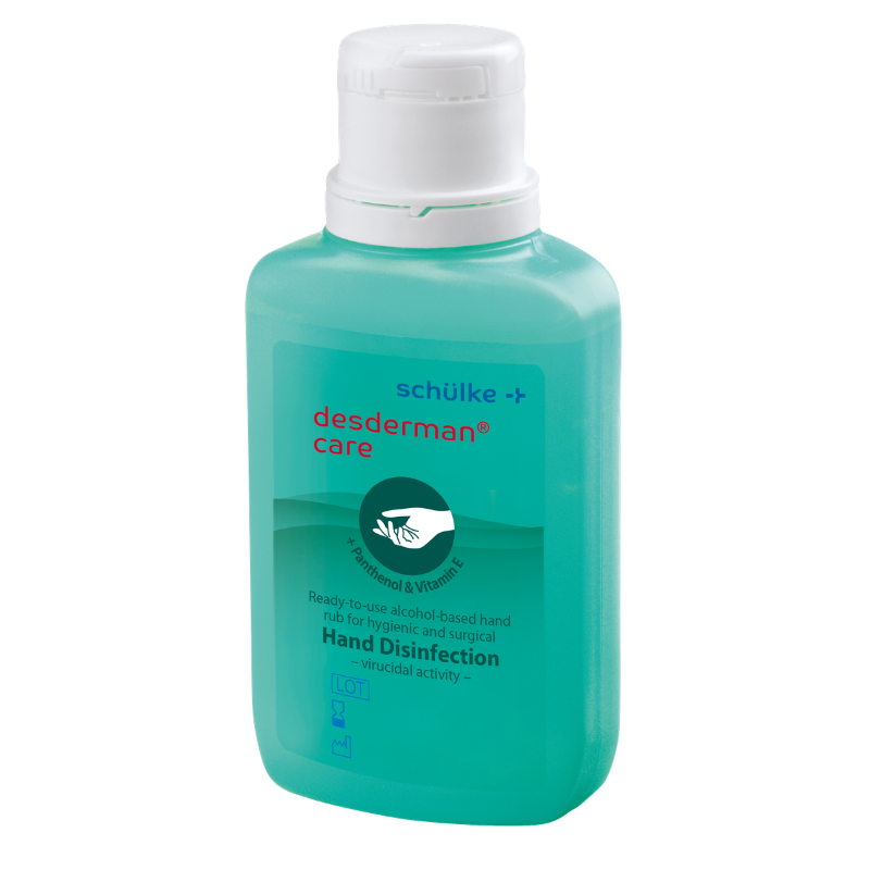 Eine 100ml Flasche Händedesinfektion mit weißem Deckel und grüner Flasche, der Firma Schülke & Mayr GmbH.