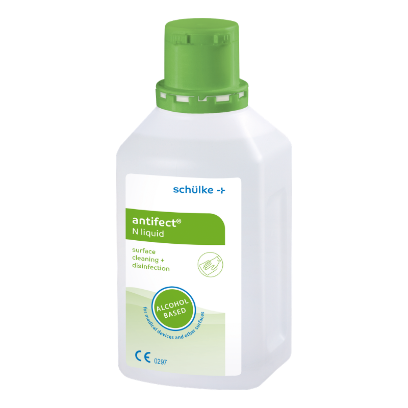 Eine 500ml Flasche Flächendesinfektion mit grünem Deckel und grünem Design, der Firma Schülke & Mayr GmbH.