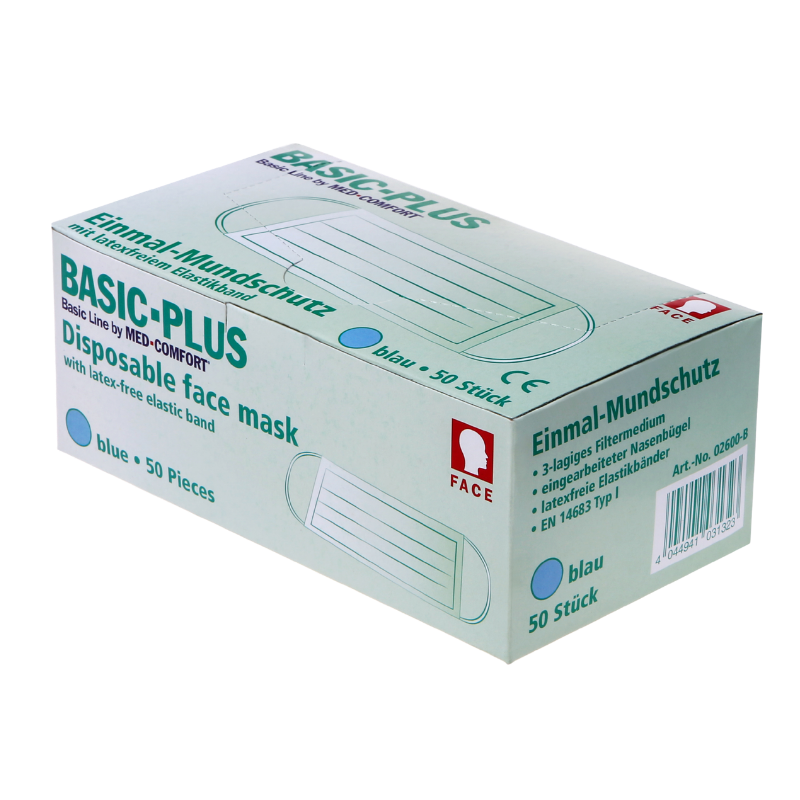 Karton medizinischer Einmal-Masken von Basic Plus.