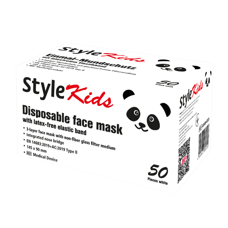 Karton medizinischer Masken für Kinder, von Style Kids, mit einem Panda Logo.