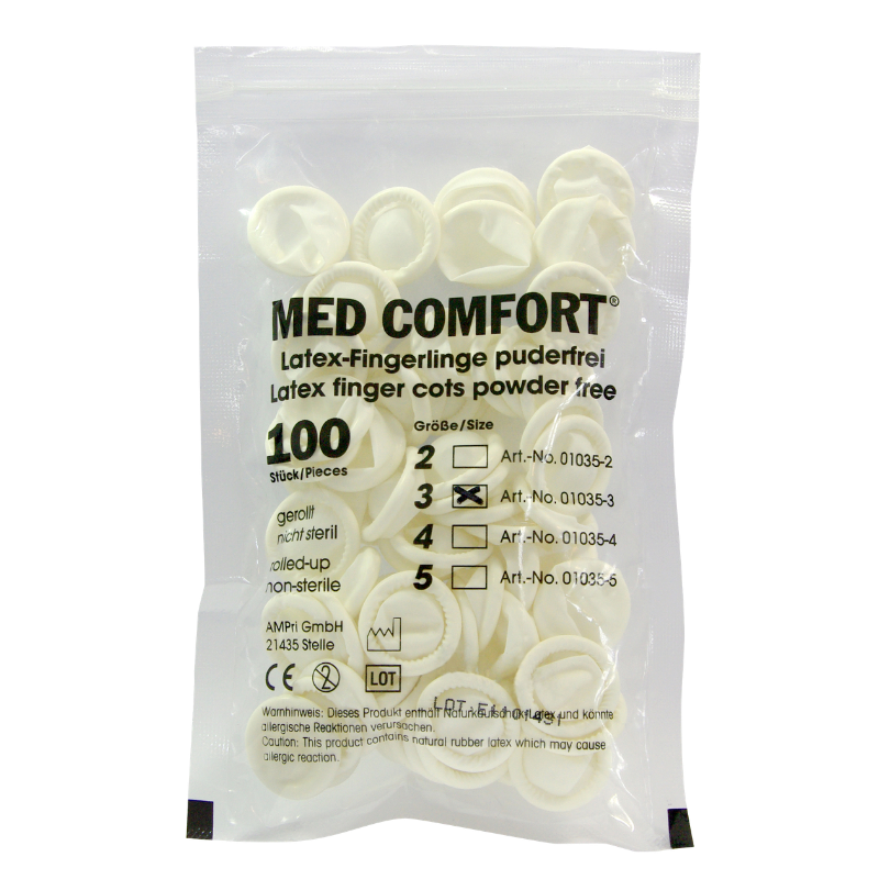 Eine durchsichtige Tüte mit 100 Latex Fingerlingen drin von MED Comfort.