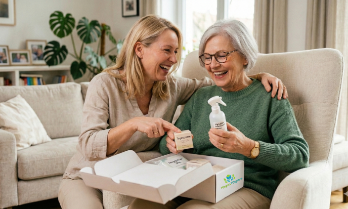 Eine ältere Dame mit Bobschnitt, grünem Wollpullover und Brille und ihre Tochter mit langen blonden Haaren, packen fröhlich und aufgeregt auf der Couch, eine Pflegemittelbox von Pflegora-Pflegebox aus. Die Tochter umarmt ihre Mutter. Die Mutter hält dabei Desinfektionsspray und eine Tagescreme in den Händen.
