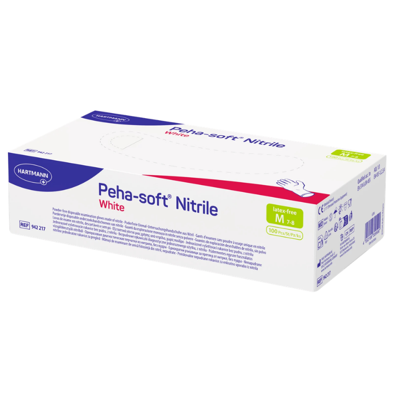 Eine Packung Peha-soft Nitrile latexfreie Einmalhandschuhe in Größe M (Inhalt 100 Stück) der Firma Paul HARTMANN.