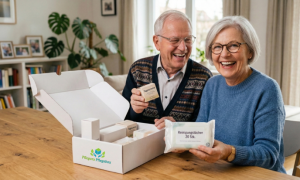 Eine ältere Dame mit Bobschnitt, blauem Wollpullover und Brille und ihr Ehemann mit kurzem Seitenscheitel, Hemd und Brille, packen fröhlich und aufgeregt am Esstisch, eine Pflegemittelbox von Pflegora-Pflegebox aus. Sie hält dabei eine Packung Desinfektionstücher in der linken Hand. Er eine Tagescreme in seiner Rechten.