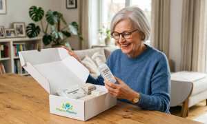 Eine ältere Dame mit Bobschnitt, blauem Wollpullover und Brille, packt fröhlich und aufgeregt am Esstisch, eine Pflegemittelbox von Pflegora-Pflegebox aus und hält dabei eine Flasche Desinfektionsspray in der linken Hand.