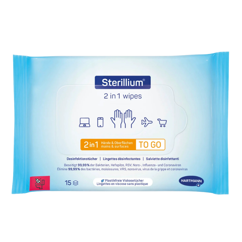 Eine Packung Sterillium Desinfektionstücher (Inhalt 15 Stück) der Firma Paul HARTMANN.