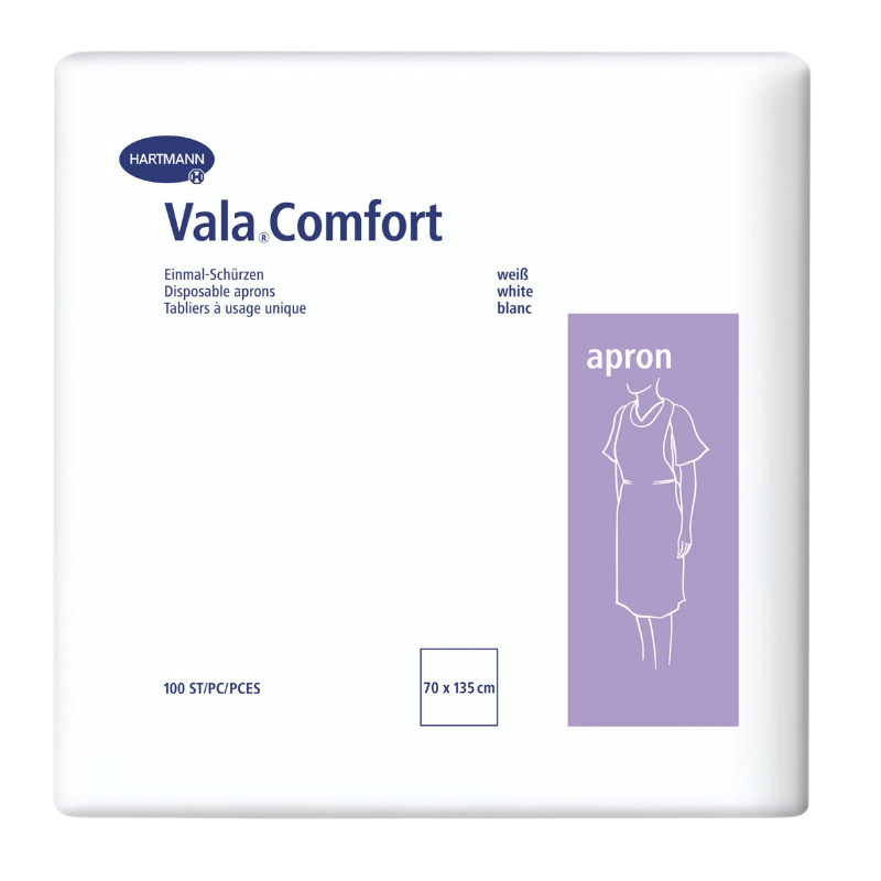 Eine Packung Einmalschürzen (Inhalt 100 Stück) mit weiß- lila Design, der Firma Schülke & Mayr GmbH.