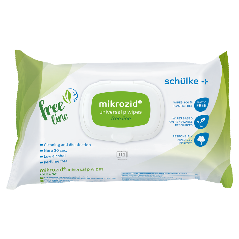 Eine Packung Flächendesinfektionstücher (Inhalt 114 Stück) mit weiß- grünem Design, der Firma Schülke & Mayr GmbH.