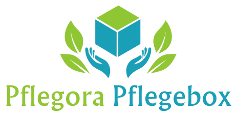Logo von Pflegora-Pflegebox. Zwei Hände umgeben von Blättern, halten eine Box. Darunter der Schriftzug "Pflegora Pflegebox".