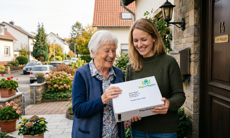 Eine ältere Dame mit kurzem Haarschnitt, buntem Hemd und Strickjacke zusammen mit ihrer Tochter mit langen blonden Haaren. Stehen vor der Tür und halten fröhlich eine Pflegemittelbox von Pflegora-Pflegebox in der Hand.