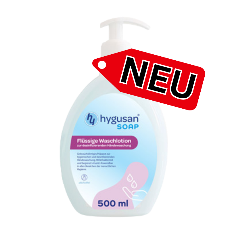 Eine 500ml Flasche desinfizierende Waschlotion für Hände mit Pumpdeckel, der Firma Hygusan.