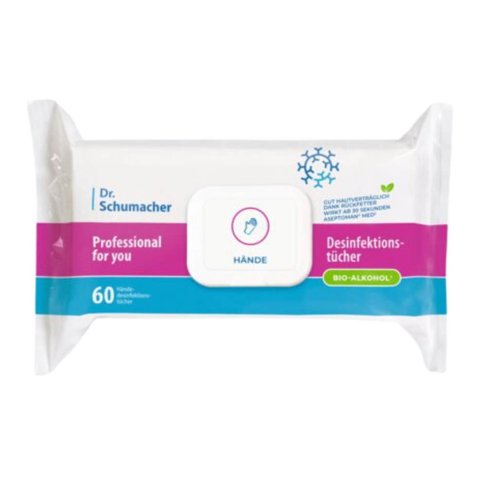 Eine Packung Flächendesinfektionstücher (Inhalt 60 Stück) mit pink- blauem Design, der Firma Dr. Schumacher.