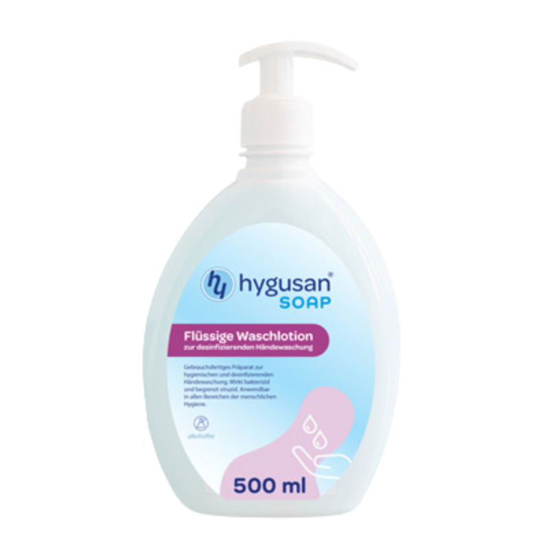 Eine 500ml Flasche desinfizierende Waschlotion für Hände mit Pumpdeckel, der Firma Hygusan.