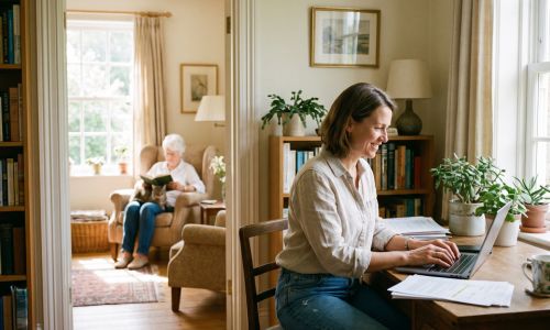 Berufstätige in Familienpflegezeit arbeitet in Teilzeit von zu Hause