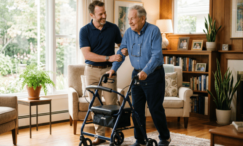 Pflegekraft hilft Senior mit Rollator im Wohnzimmer