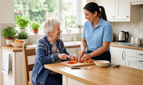 Pflegekraft hilft Seniorin bei Haushaltsaufgaben in der Küche