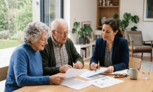 Pflegebedürftiger Senior und Angehörige im Beratungsgespräch