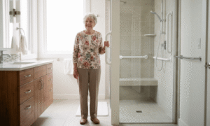 Seniorin hält sich sicher an Haltegriff im Badezimmer