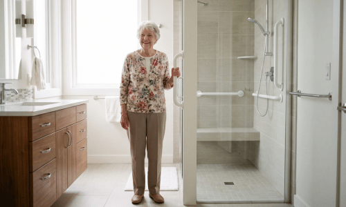 Seniorin hält sich sicher an Haltegriff im Badezimmer